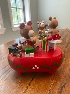 Vintage Christmas Wooden Teddy Bear Music Box Fully Functional